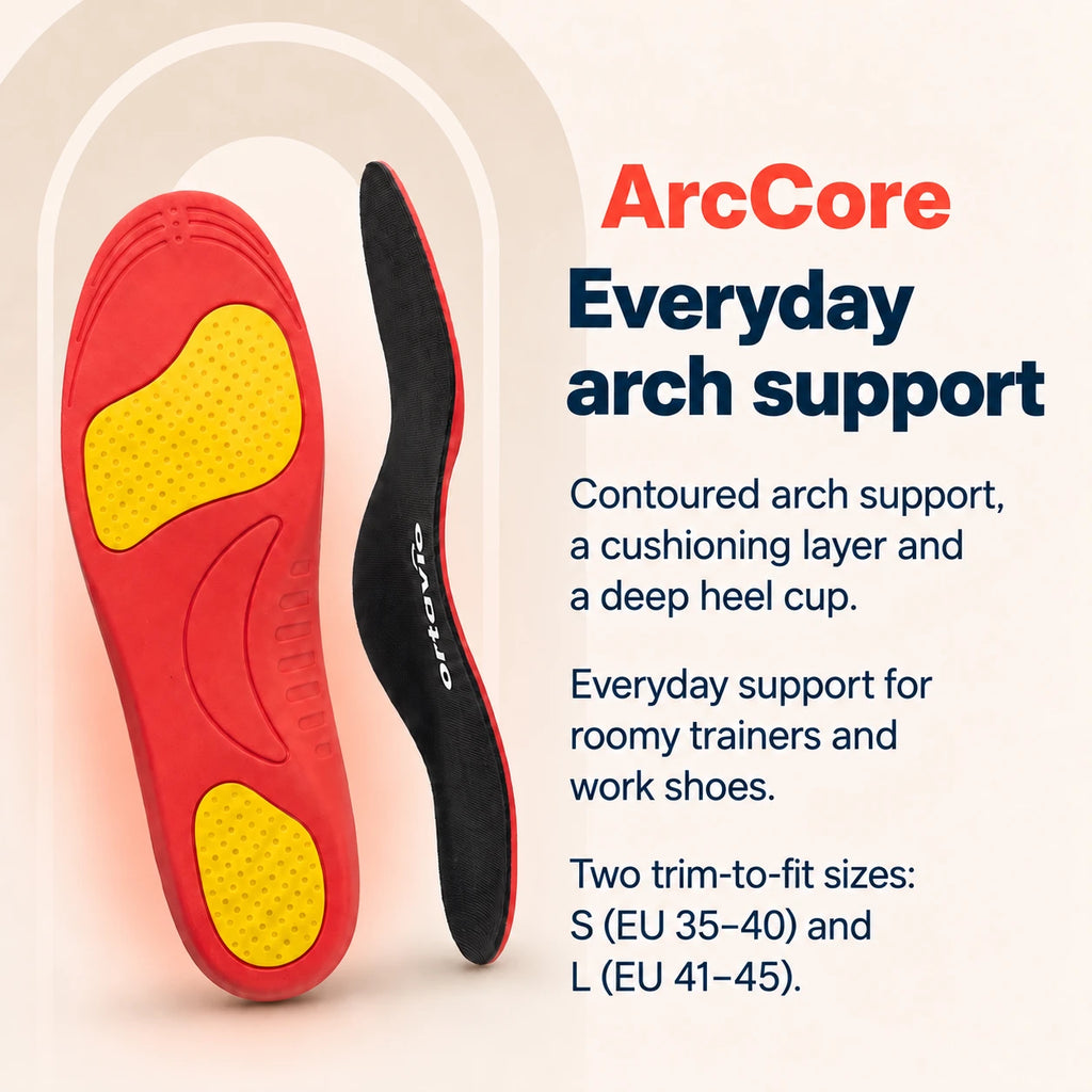 ArcCore arch support design with red support base, yellow cushioning and black top