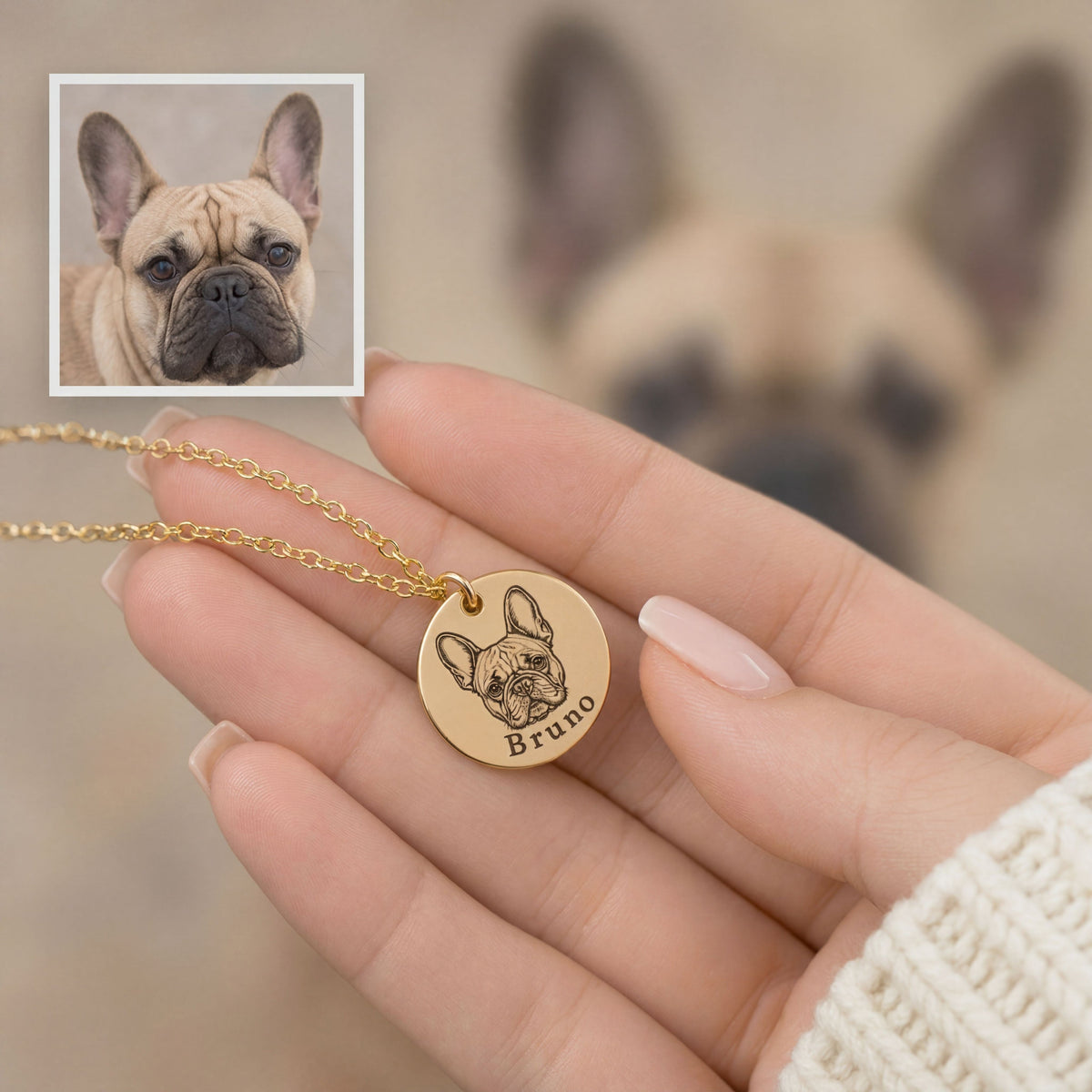 Bruno the French bulldog engraved on a gold charm